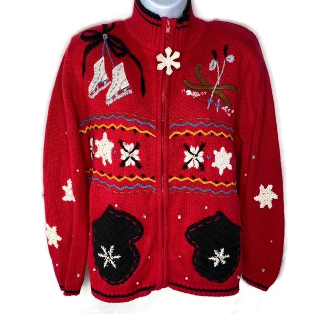 Vintage Holiday Xmas Red Zip Cardigan Sweater L